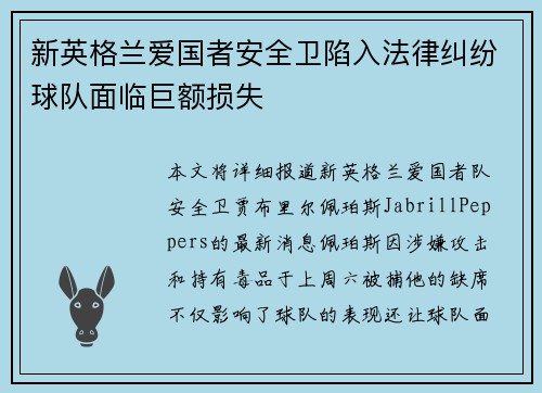 新英格兰爱国者安全卫陷入法律纠纷球队面临巨额损失